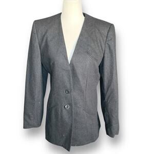 Vintage 90s Collarless Wool Blend Structured Blazer Gray Two Button 8 Classic